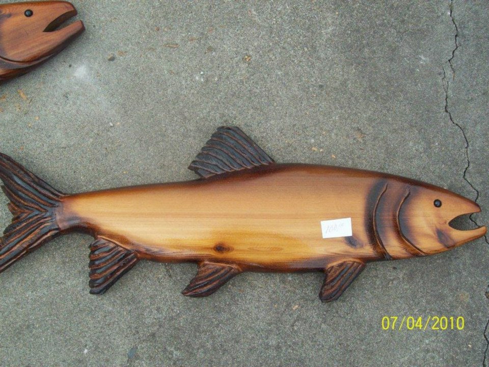 Handcarved wooden salmon sculpture