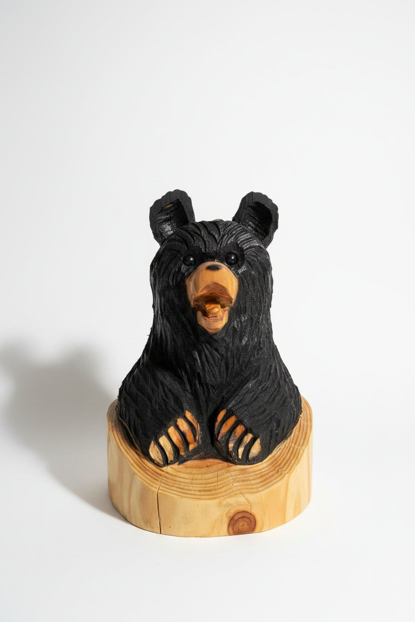 Hand Carved Black Log Bear